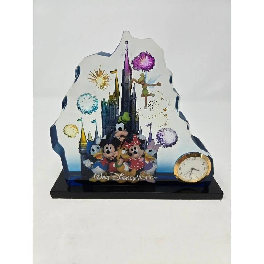 DISNEY PARKS WALT DISNEY WORLD ACRYLIC LUCITE STANDING CLOCK CASTLE FIREWORKS